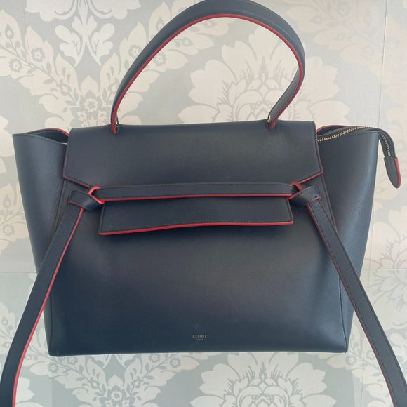 CELINE PARIS Navy / Red Trimmed Leather Bag/Satchel w/ Flap & Strap Detail - Picture 2 of 9